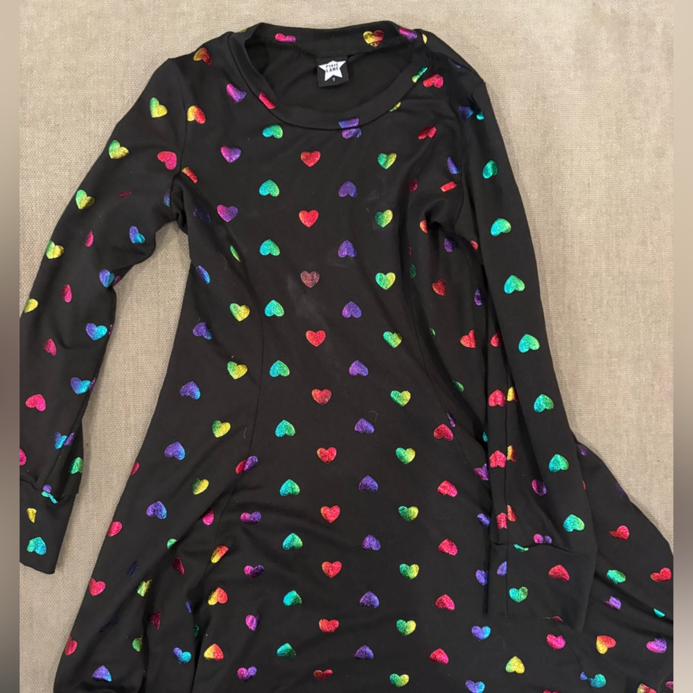Girls' Black Long-Sleeve Dress with Rainbow Heart Print